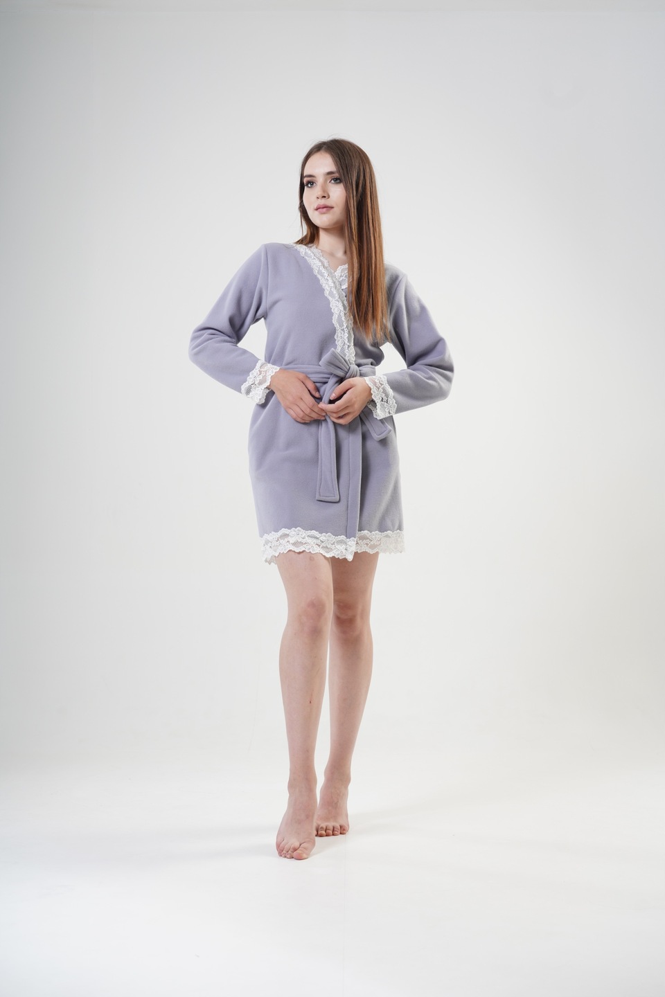 Maternity Fleece Nursing Gown Grey Lace - Image 2